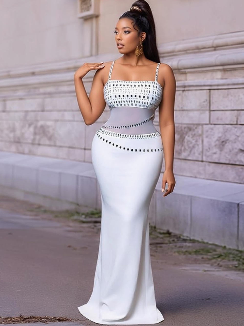 Elegant White Embellished Evening Gown- Party Dress